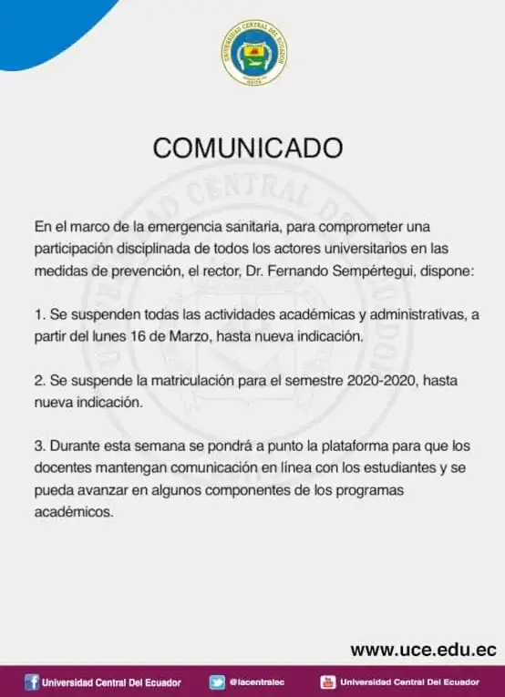 La Universidad Central del Ecuador UCE suspende actividades por coronavirus